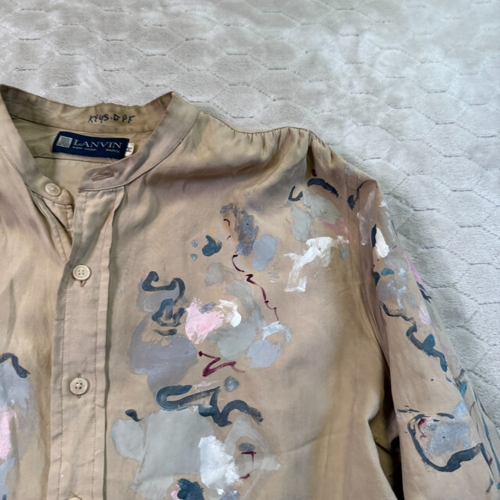 VTG 90s Lanvin Paris Silk Shirt Sz Medium Painted Customized Look - Picture 5 of 15